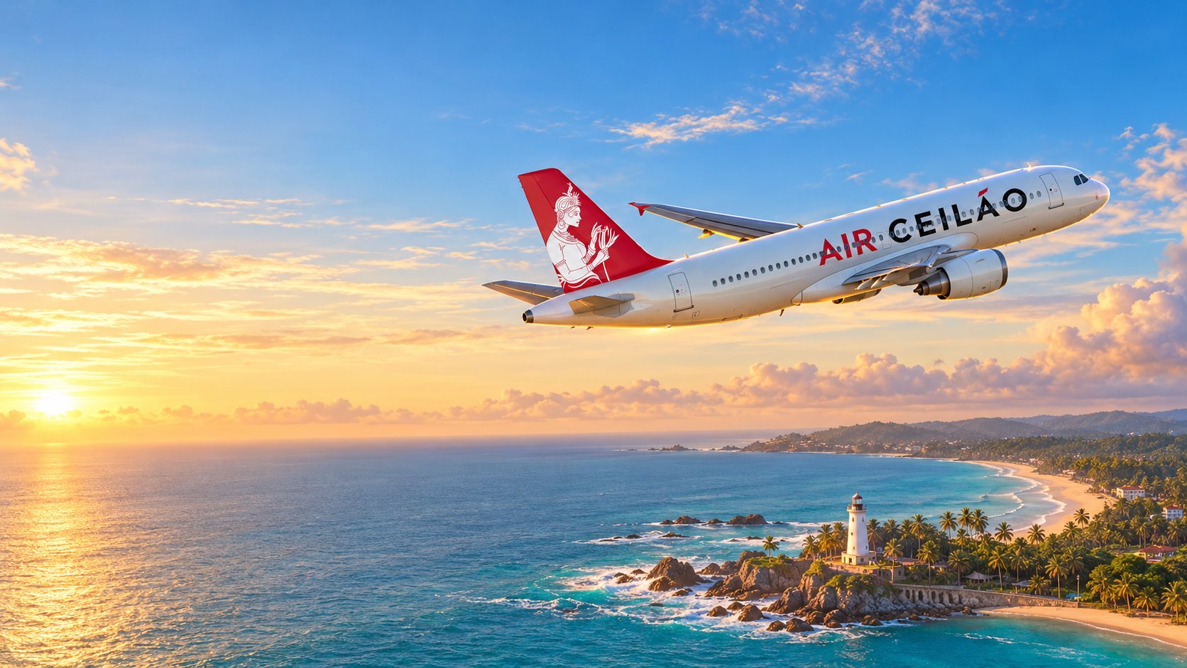 Air Ceilão Airbus A320 in its red and white livery flying over the Sri Lankan coast